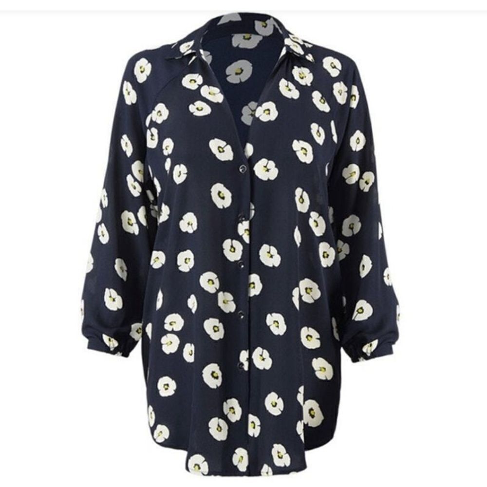 Cabi Go To Button Up Daisy Floral Navy Blue White‎ Flowers Chiffon Size XS